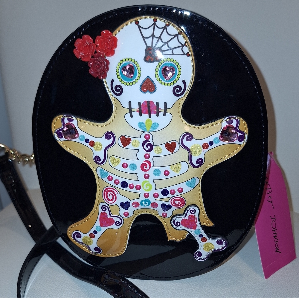 Betsey Johnson Black Patent Sugar Skull Crossbody Bag NWT